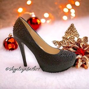 NEW Silver Dew Black Crystal Rhinestone Studded Platform Heels, 7.5